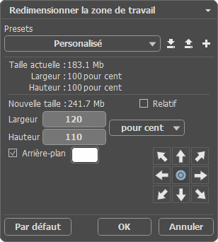 Boîte de dialogue Redimensionner la zone de travail