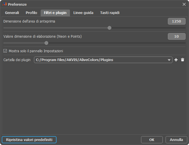 Preferenze: Filtri e plugin