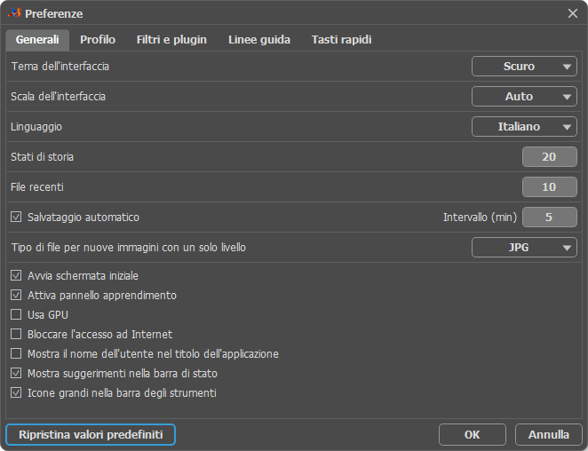 Preferenze: Generali