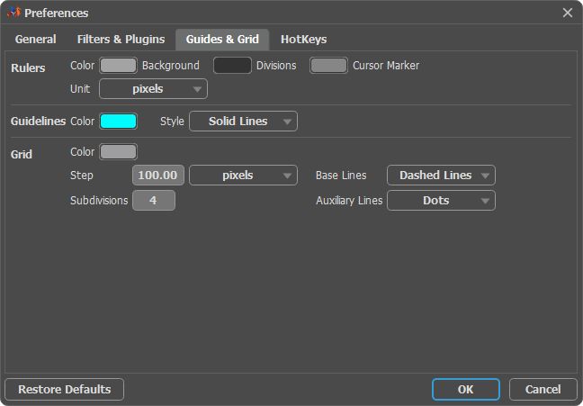 Preferences Window: Guides & Grid