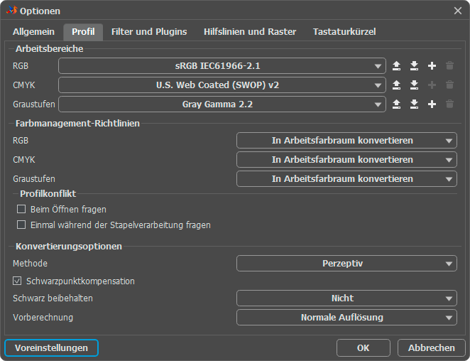 AliveColors-Optionen: Profil-Registerkarte